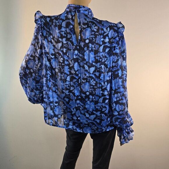 French Connection Cynthia Fauna Midnight Blue Blouse Womens Sz 8 Floral LS - Picture 6 of 12